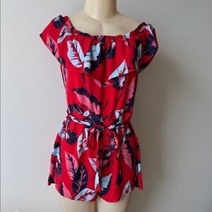 Express Womens Romper Red Blue Pink Leaf Print One-Piece Size Medium